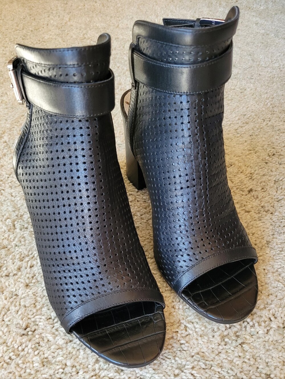 Perforated Black Leather Peep-Toe Ankle Booties Women Excellent Condition  7 1/2